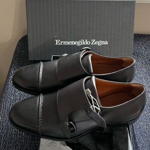 NWT Ermenegildo Zegna Couture  Black Leather Monkstraps Size 8.5 eu 9.5 us